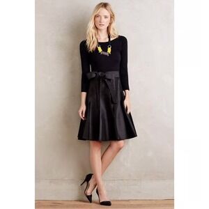 Anthropologie Maeve Black 3/4 Sleeve Sweater Skirt Dress Tie Waist Midi
